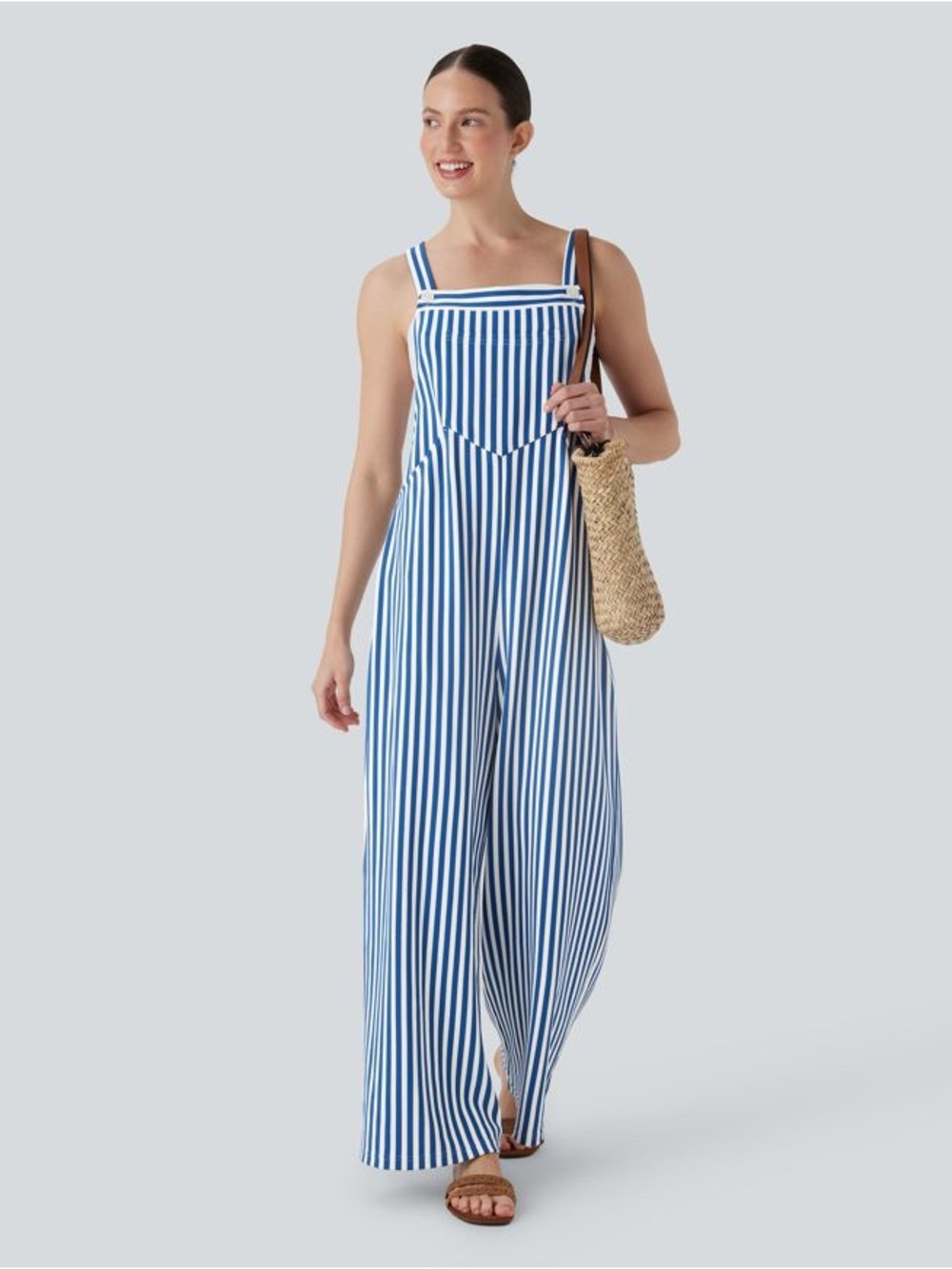 Halara Blue & White Striped Wide Leg Overall Jumpsuit – Women’s XL NWT